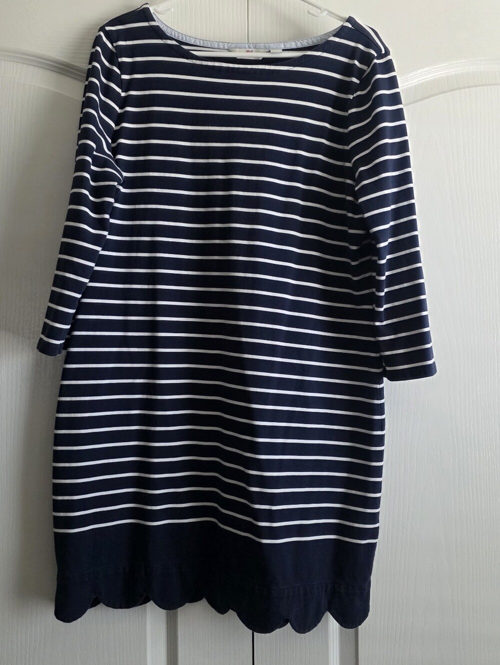 Vineyard Vines striped Dress Blue White Sz L PREPPY SCALLOPED COASTAL 3/4 SLEEVE